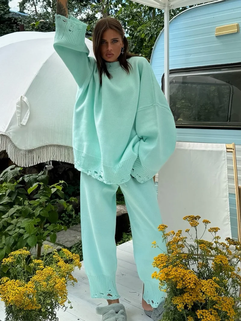 Streetwear Ripped Knitted 2 Piece Sets Women Outfit Autumn Clothes Women Long Sleeve Sweater Top and Pant Sets Casual Tracksuits