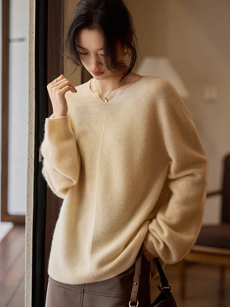 

Loose Sweater Women Wool Pullover Spring Autumn Knitwear Lantern sleeve Fashion 100% Merino Wool Cashmere Female Clothing Tops