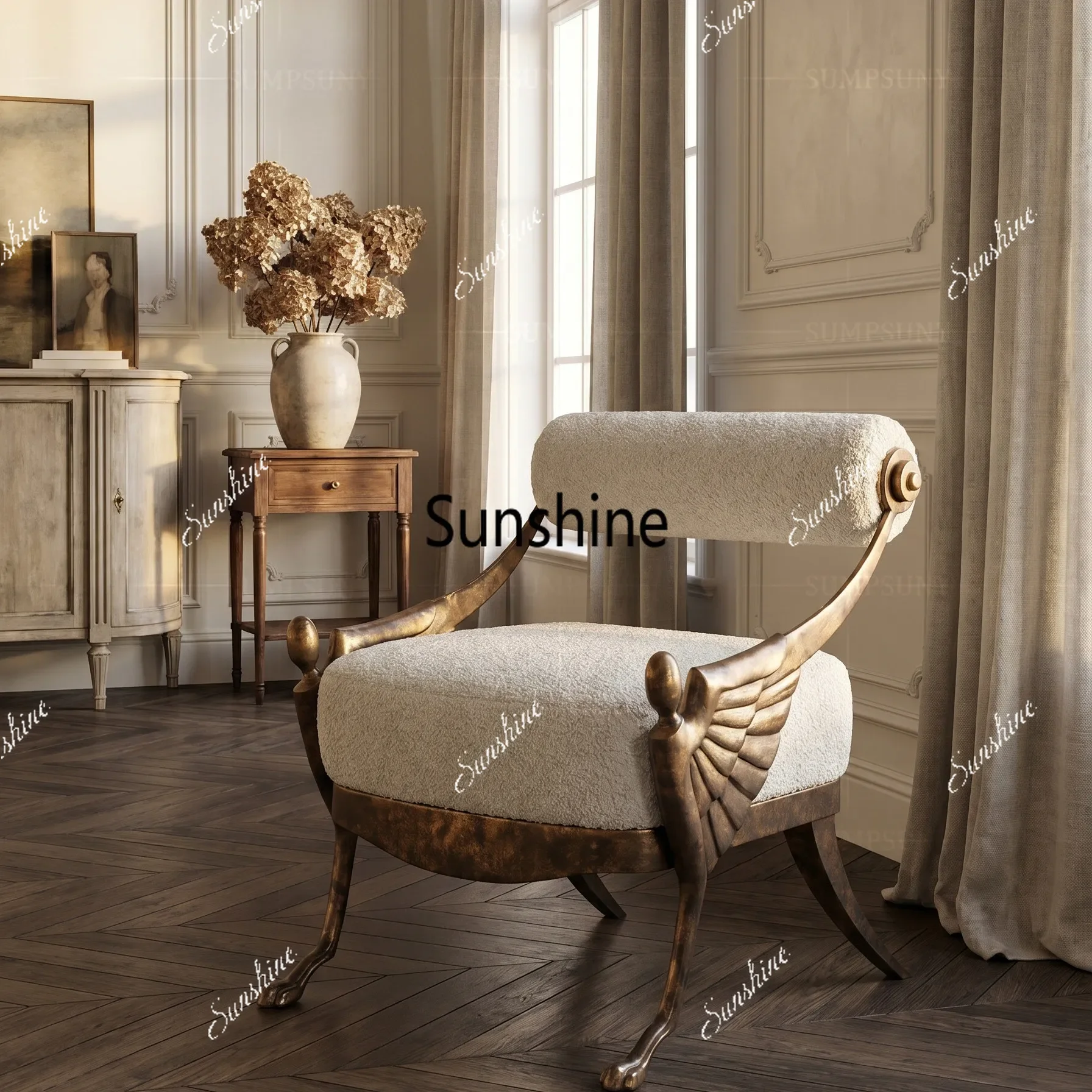 Light luxury single sofa French retro old pure copper leisure chair T*