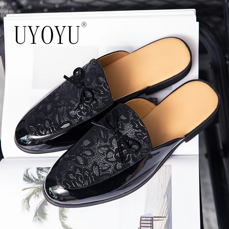 Designer Italian Luxury Brand Mens Casual Leather Loafers Sandals Business Men Half Shoes Mules Man White Black Slides Slippers