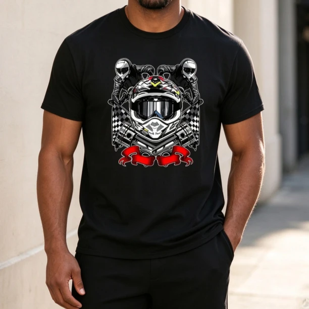 Motocross Helmet Racer with Checkered Flag Graphic T‑Shirt Men Dirt Bike Piston Print Short Sleeve Tee Casual Streetwear Tops