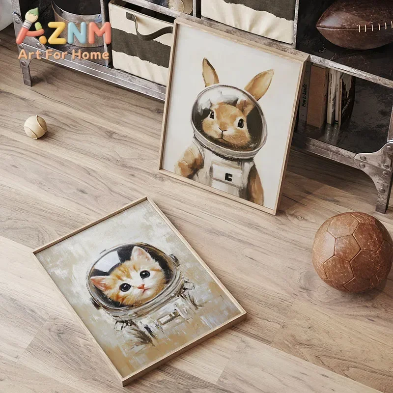 AZNM Cute Astronaut Animal Canvas Wall Art Bear Rabbit Duck Dog Elephant Cat Space Suit Print Poster for Kids Nursery Bedroom Ho