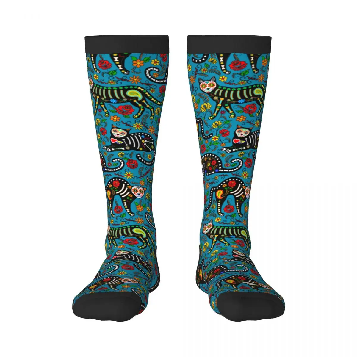 1 Pack Calavera Sugar Skull Black Cats In Mexican Style The Day Of The Dead Over-knee Long Socks Middle High School Socks