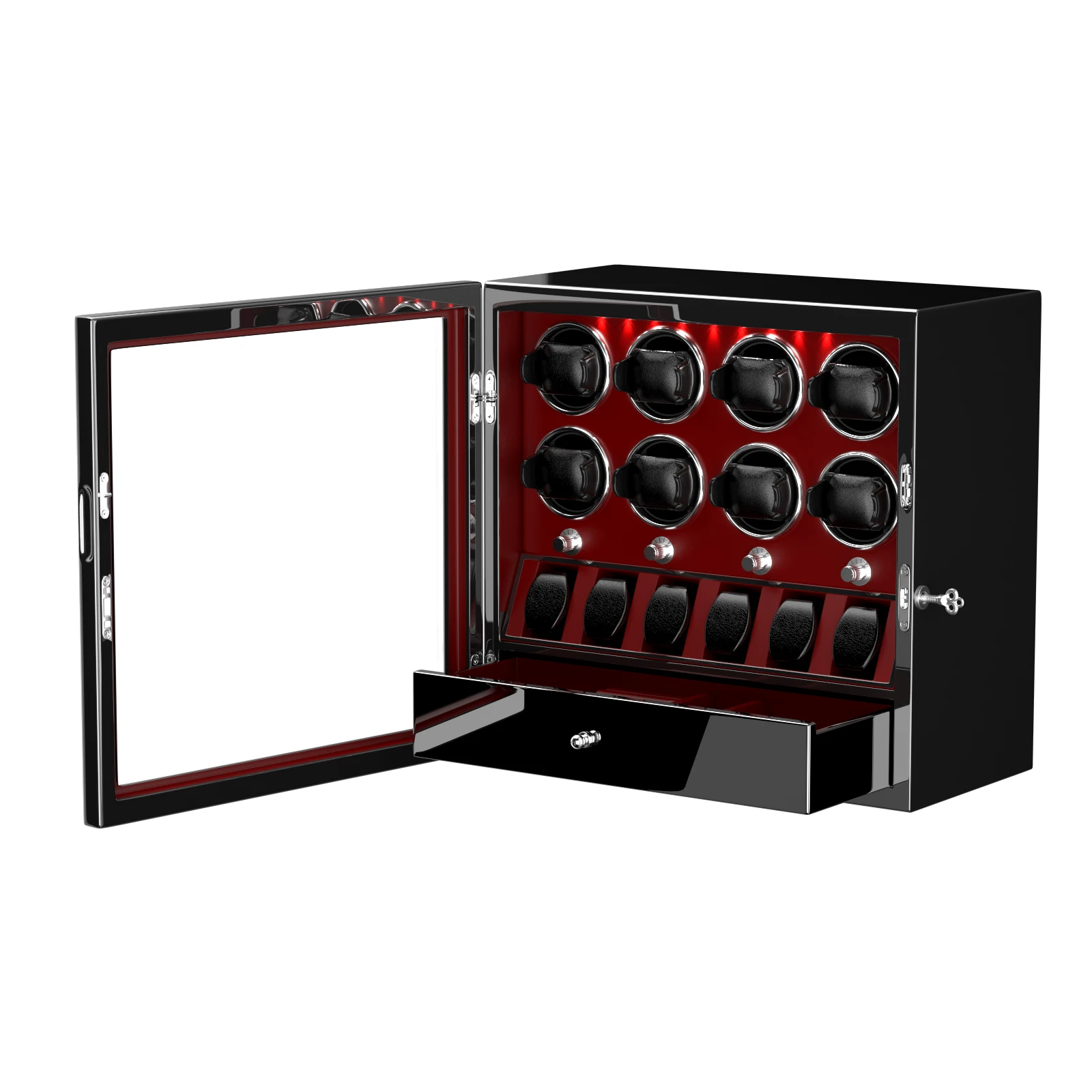 Classic Automatic 8 Watch Organizer Storage Box Red with 6 Compartment Super Quiet Mabuchi Motor for Watch Collection