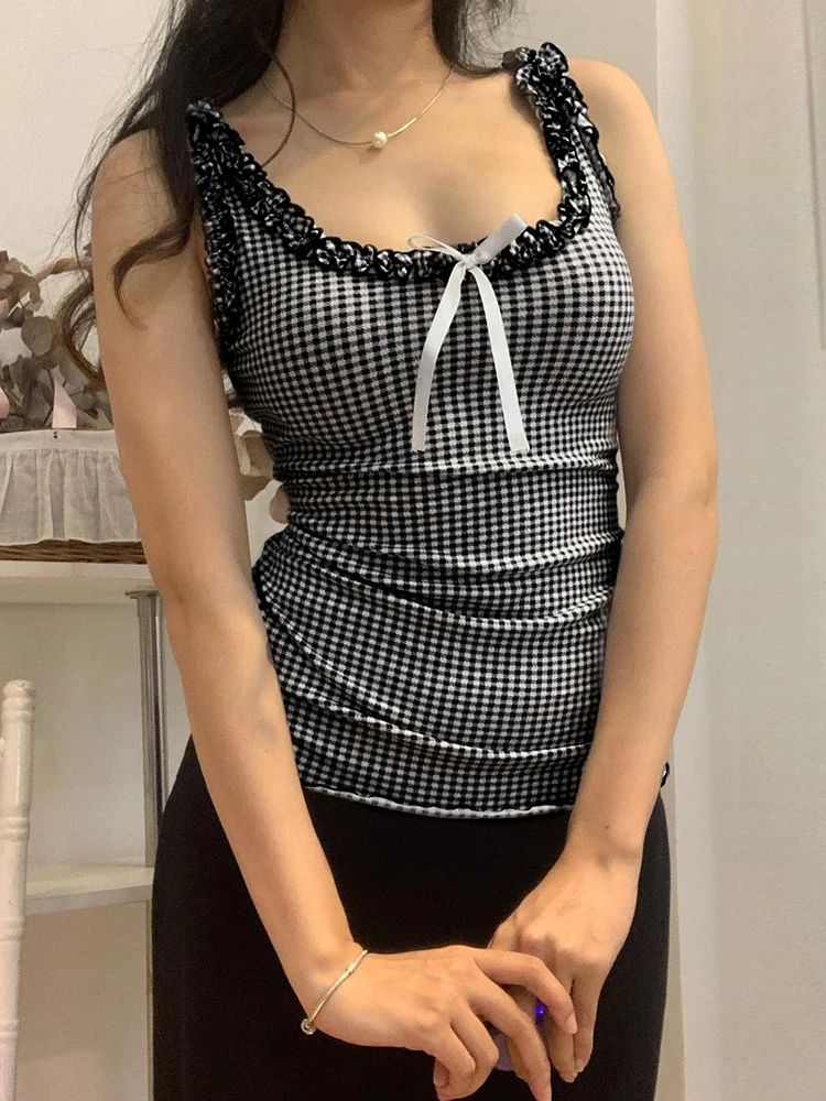 IAMSURE Sweet Bow Ruffles Plaid Tank Top Slim Square Collar canotte senza maniche donna 2024 Summer fashion Streetwear Ladies