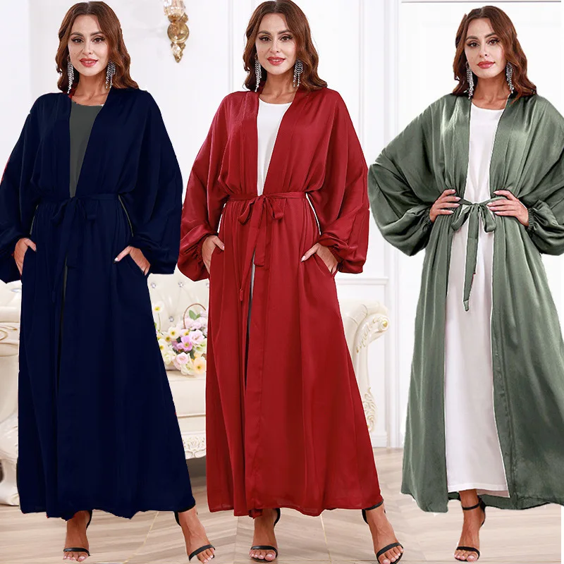 

Eid Arabia Fashion Solid Color Bubble Sleeve Cardigan Middle East Dubai Turkey Kaftan Abaya Long Sleeve Dress Islamic Headscarf