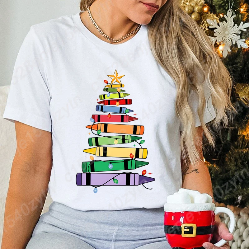 Christmas Light Teacher Crayon Tree Print T-shirt Women Summer Lovely Short Sleeve Casual Round Neck Tees Ladies Pure Color Tops