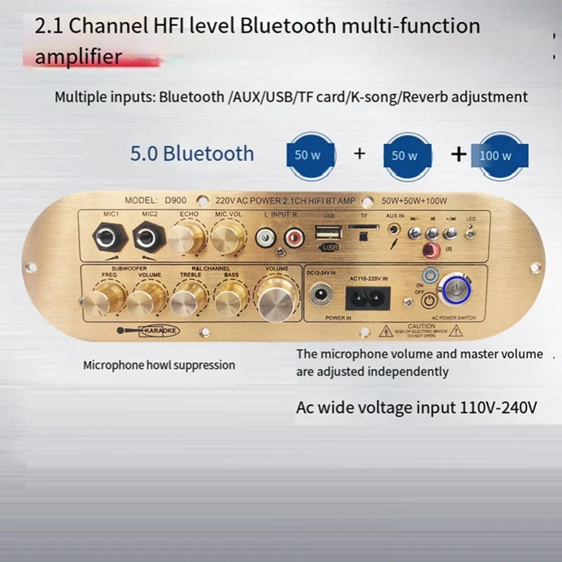 Woopker เครื่องขยายเสียง D900 ช่อง 2.1 BT 5.0 Hi-Fi ซับวูฟเฟอร์เครื่องขยายเสียงดิจิตอลสนับสนุน AMP/USB/FM/TF Card/OPT