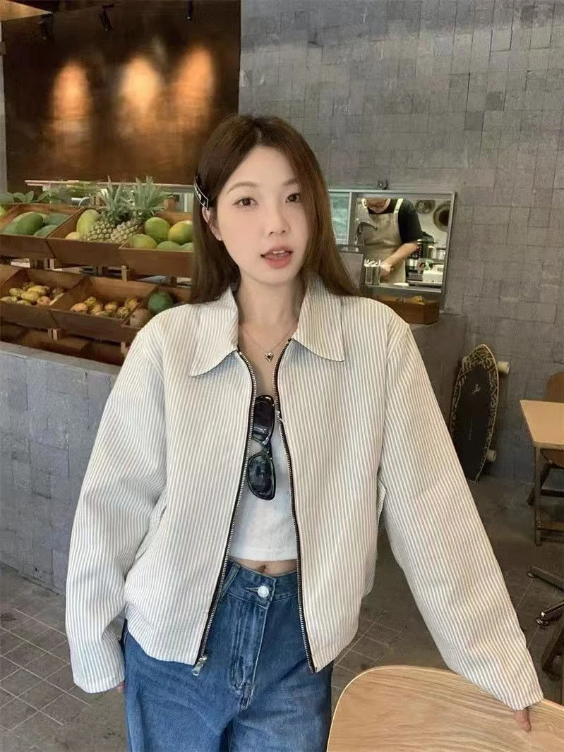 Retro Slim Fit Pasiasty Kołnierz Zapinany na Zamek Dwustronny Zimowy Damski Wszechstronny Top Ciepły Długi Sweter z Kołnierzem