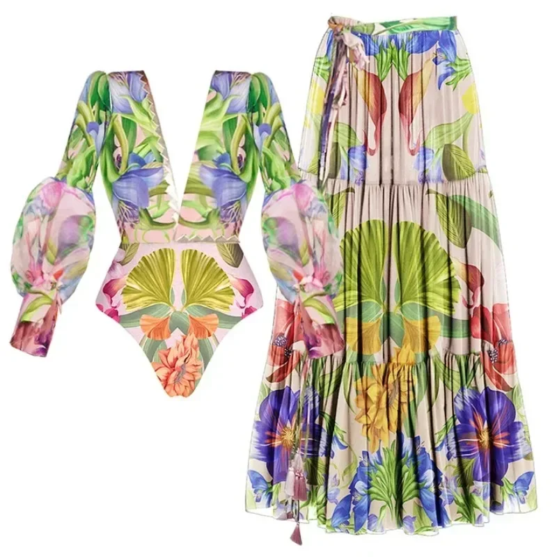 

Women Swimwear V-neck Long Sleeve Flowers Printed One Piece Swimsuit and Skirt Beachwear Bathing Suit bikini Two piece