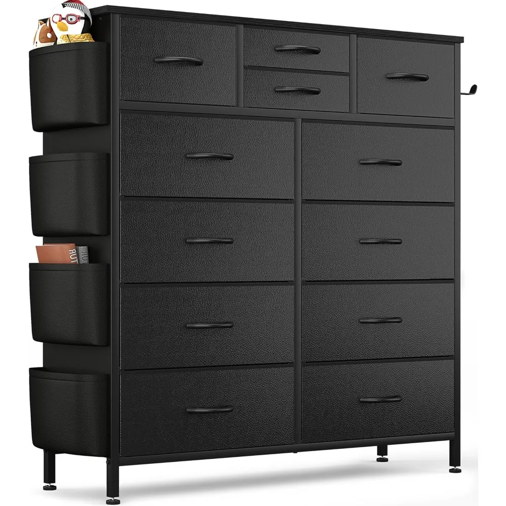 

Tall Dresser Chest of Drawers with Side Pockets and Hooks, Fabric Dresser Storage Tower for Closet, Hallway, Living Room