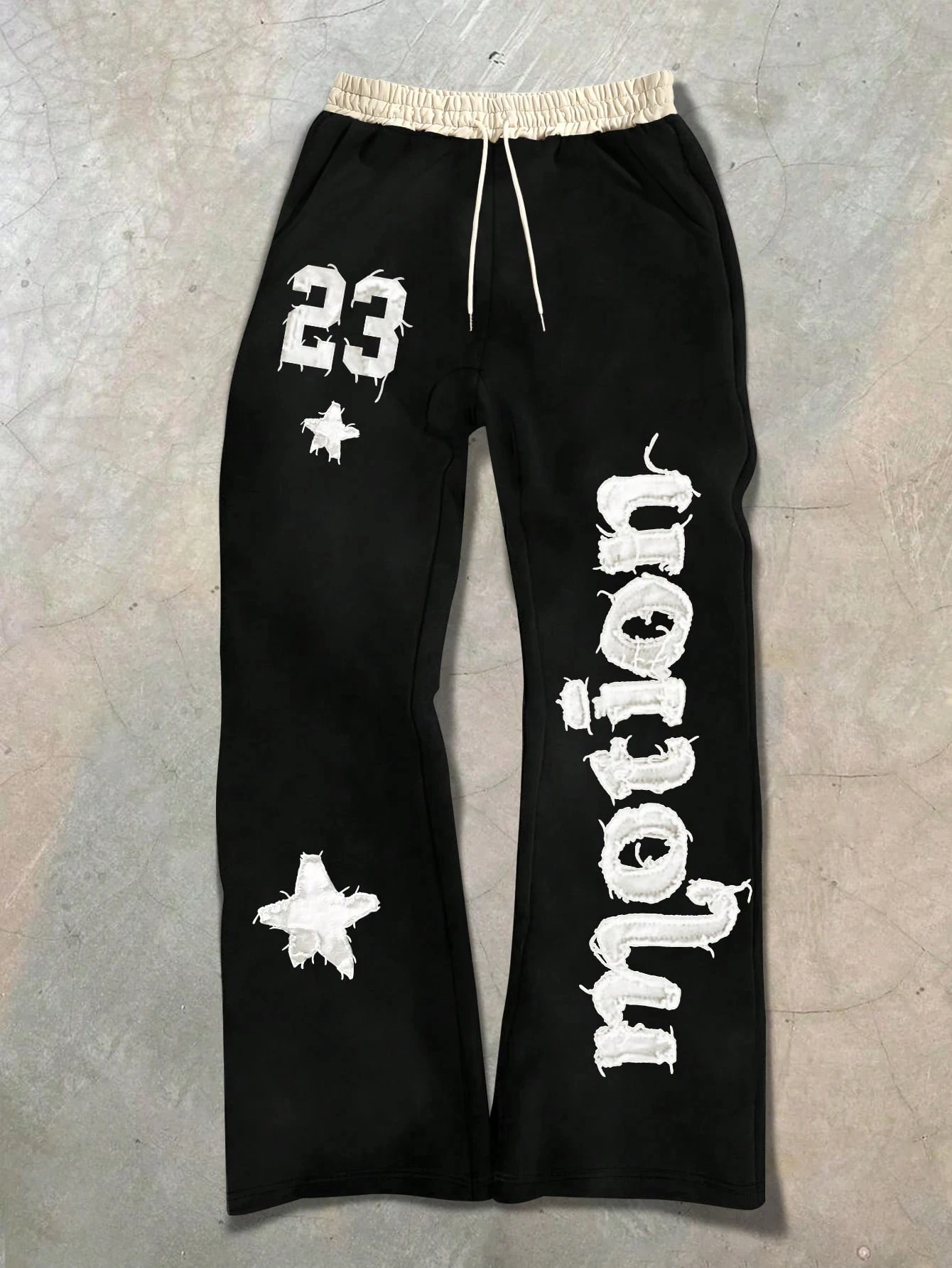 Distressed Patch 23 Number Star Vertical Letter Straight Flare Pants Unisex Beige Waist Drawstring Basketball Hip Hop Trousers