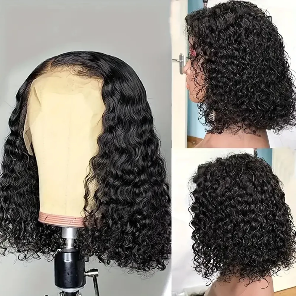 Onda de água solta sem cola mongol 4x4 hd renda transparente frontal bob curto encaracolado profundo 13x4 fechamento de renda 180% perucas de cabelo humano