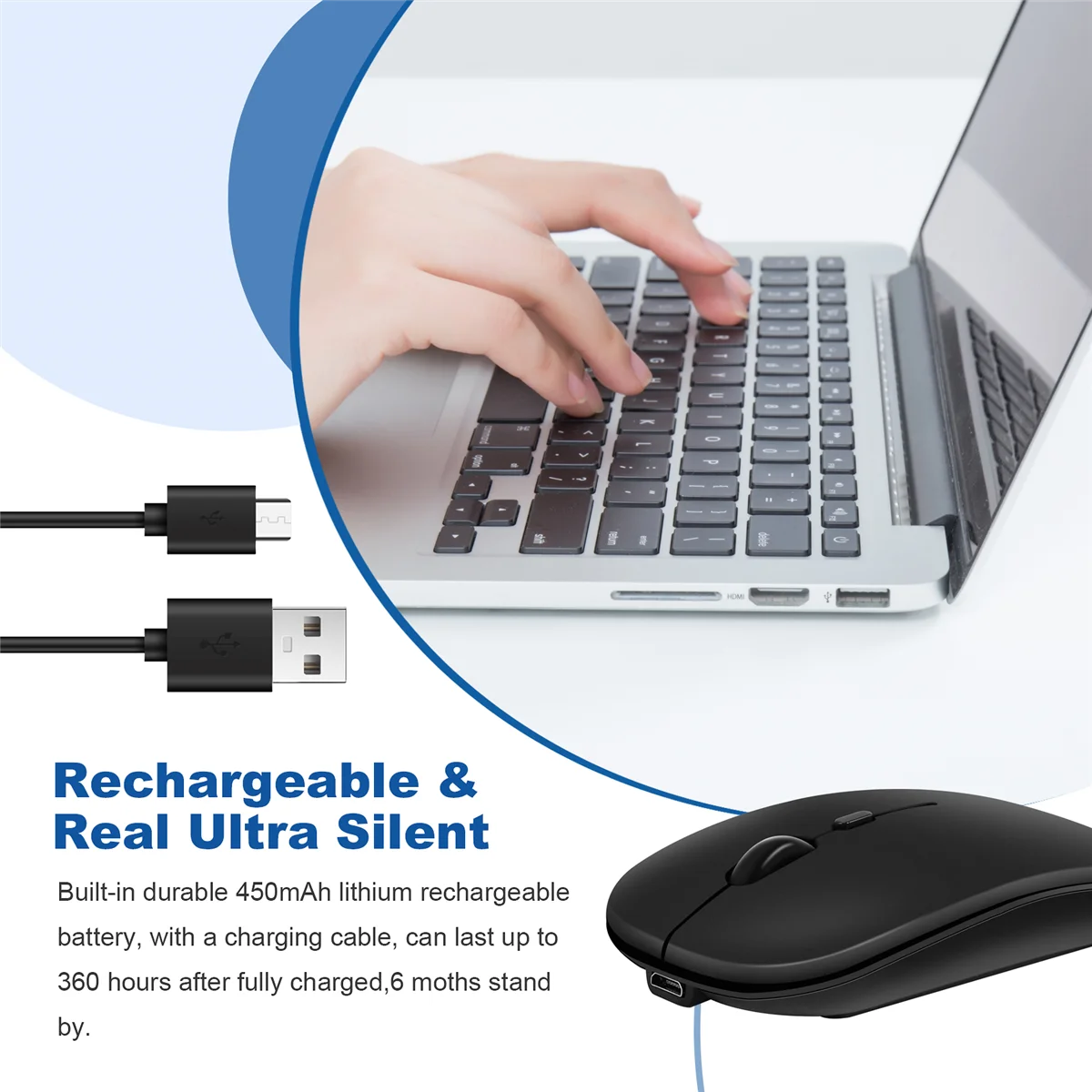 ABNP Wireless Mouse Rechargable,2.4G Ultra Silent Optical Mouse with USB and Type-C Receiver, for Laptop, (Black)