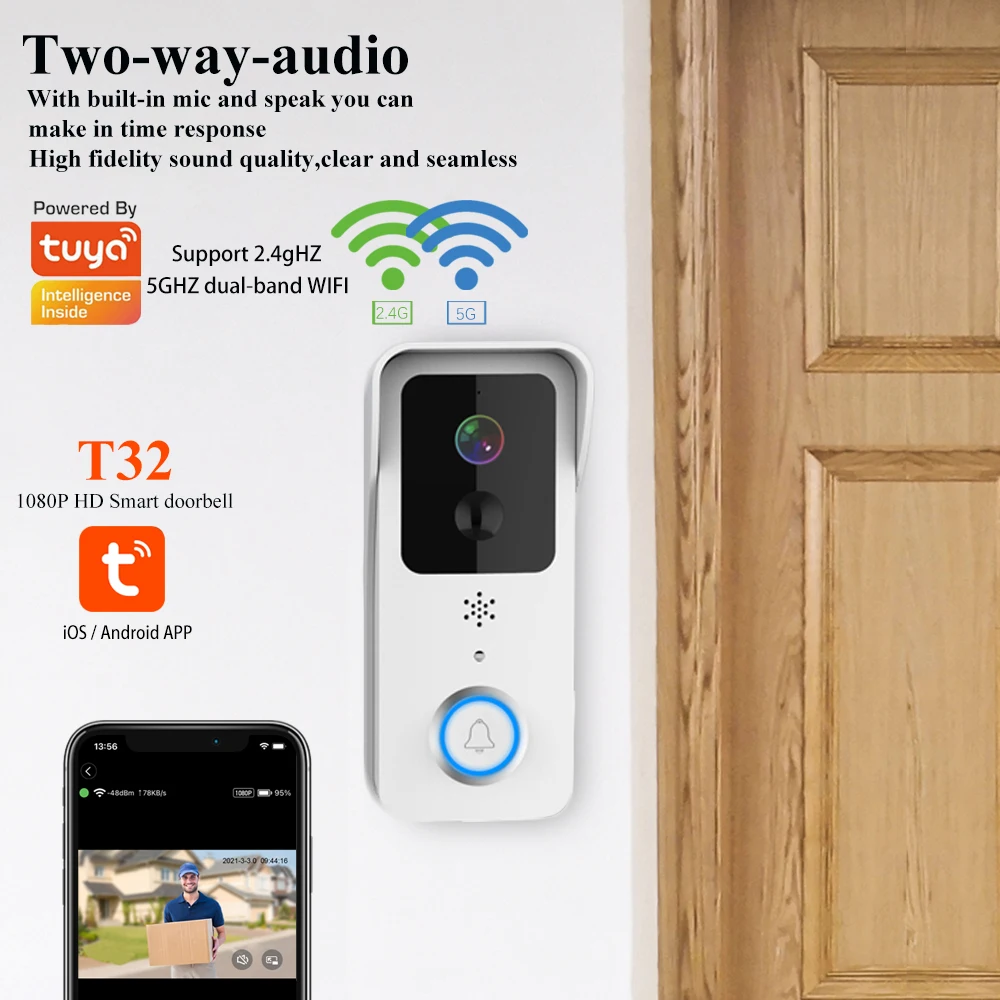 5G 1080P Camera Video Doorbell WiFi Tuya Smart Outdoor Doorbell Waterproof Battery Intercom Smart Life Wireless Coorbell
