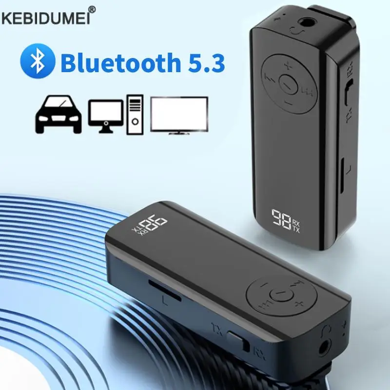 Bluetooth 5.3 Transmitter Receiver 3.5mm Jack Aux Wireless Adapter Stereo for Earphones TV PC Car Speaker With digital display