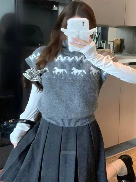 

High Ne Knitted Sweater Women's Overhead ort Sve Intarsia Design Casual Loose Fit Ultra Thin Winter Faion Top