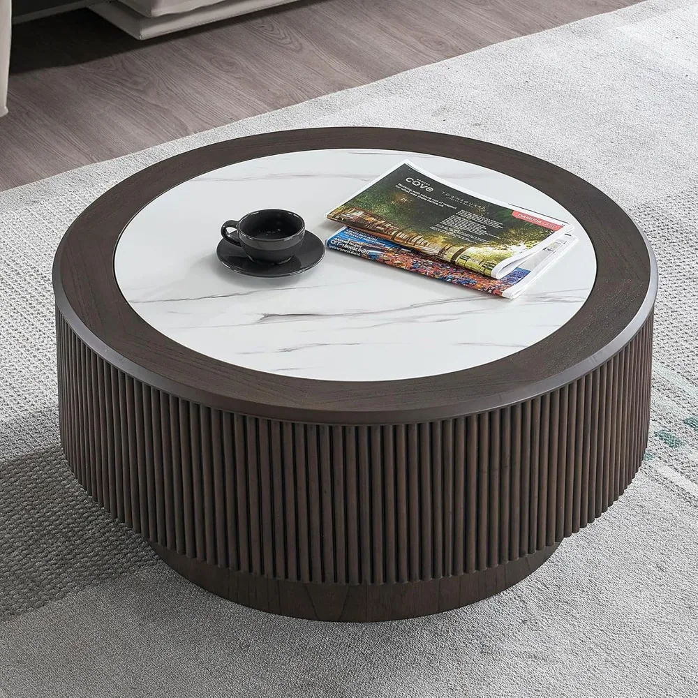 

Modern Wood Drum Coffee Table 35.4-Inch Round Fluted Coffee Tables for Living Room Modern White Marble Grain Top Center Table wi