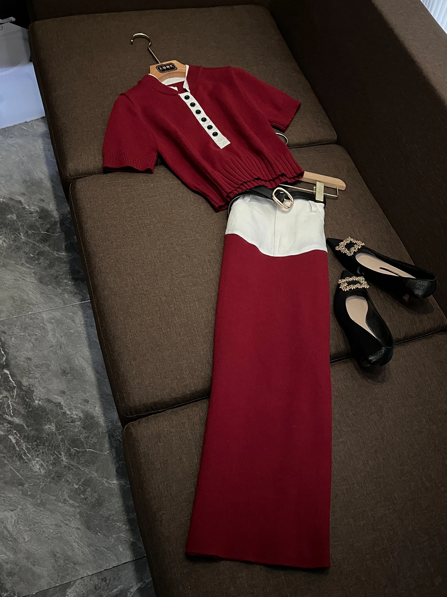 

Spring 2026 Women's Knitted Slim Fit ort Sve Set High Waist f Skirt Faionable Color Blo Princ Sle Polyester ...