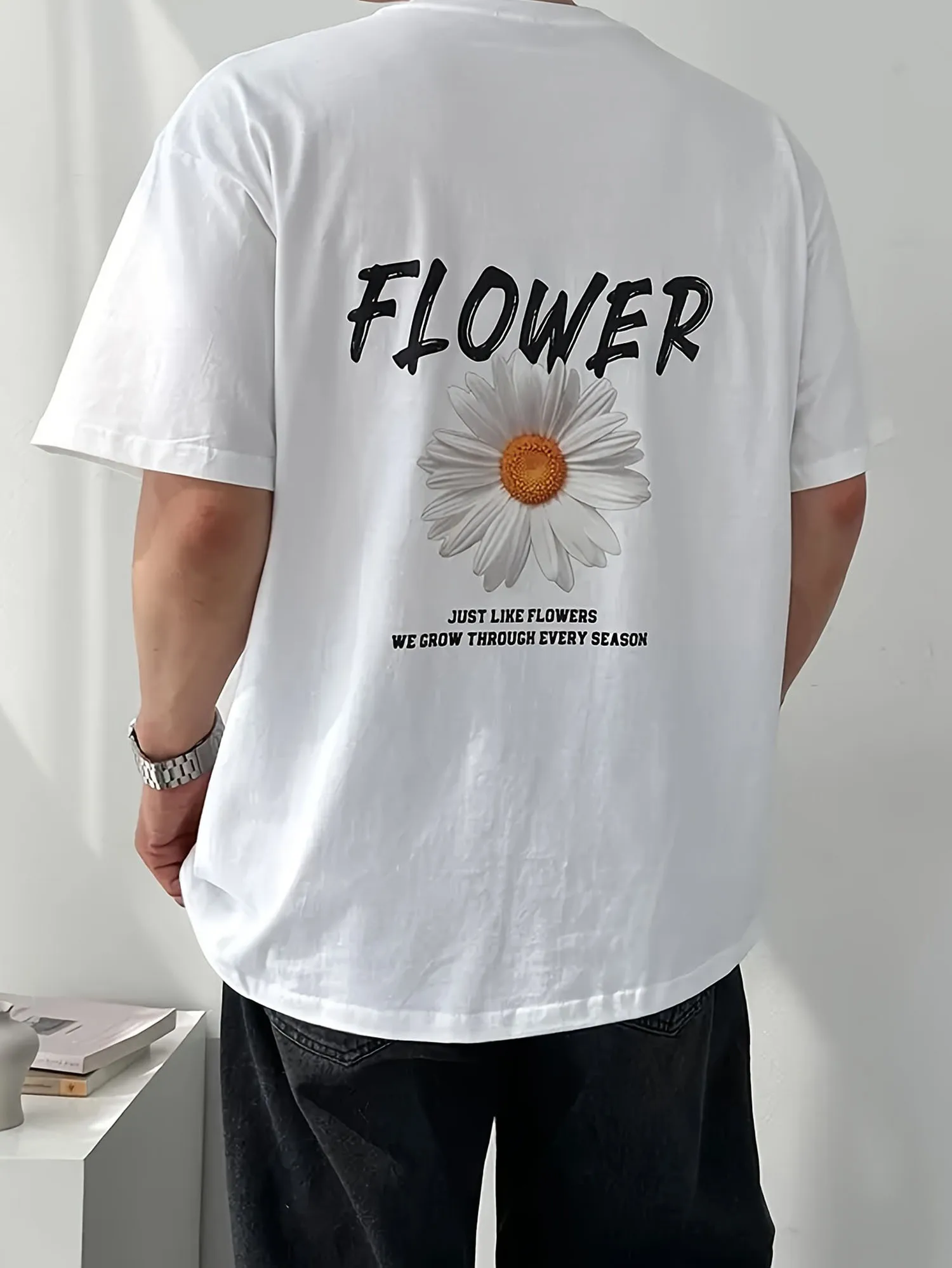 Men's Casual Summer T-Shirt Flower Design White Daisy Graphic Loose Fit Short Sleeve Cotton Round Neck Casual Wear Relaxed Fit Shirt