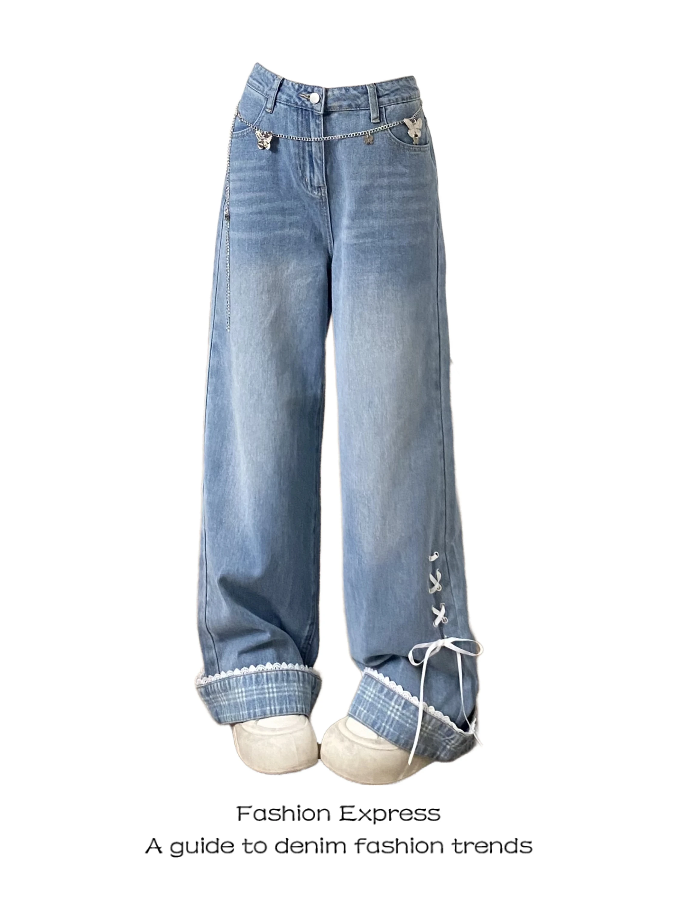 

Tie-Dye Women's Jeans 2026 New Sweet Knot Personality Spicy Girl Cuffed Straight Leg Wide Leg Pants Trendy