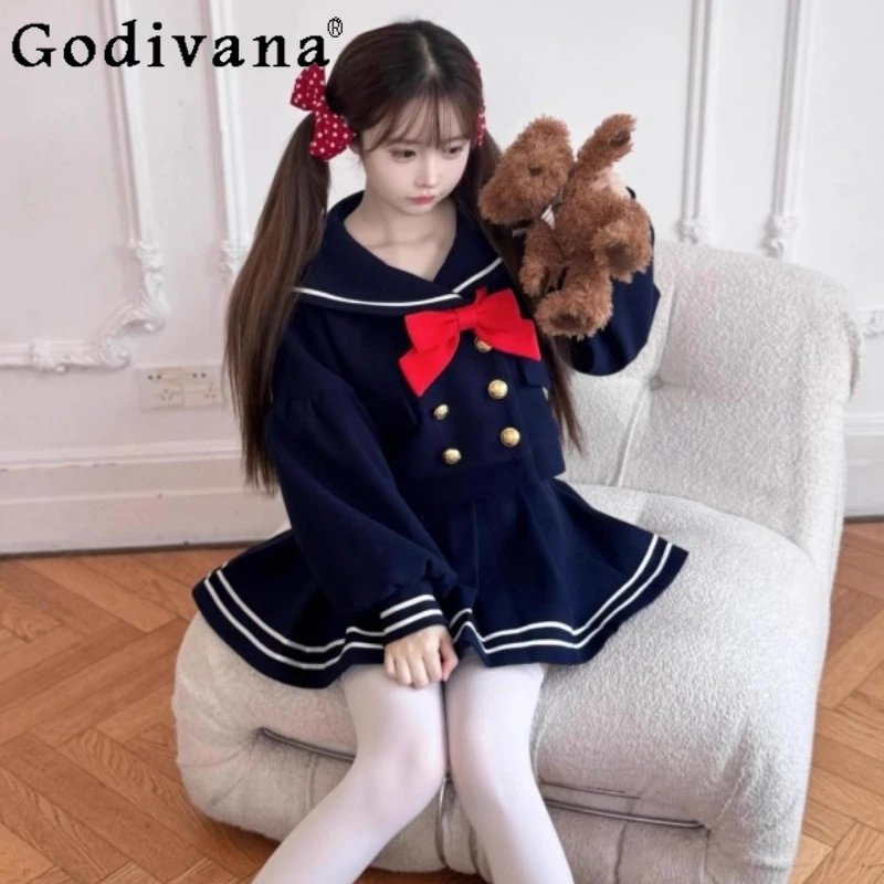 

College Style Uniform Set Women Sweet Cute Double Breasted Top Pleated Skirt Two Piece Suit Female Japanese Lolita Outfits