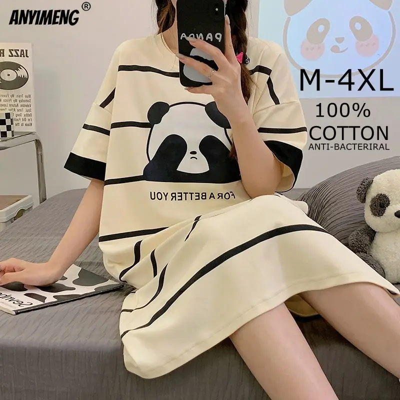 100% COTTON! M-4XL Summer Cute Panda Women Nightgown High Quality Sleepshirt Breatheable Anti-bacterial Short Sleeves Nightdress