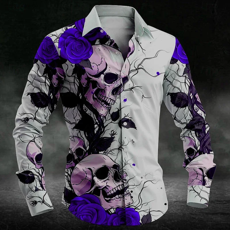 New Flower Skull Men's Shirt Available in Various Styles for Parties, Fashionable, Comfortable, and Casual Collar Skeleton High