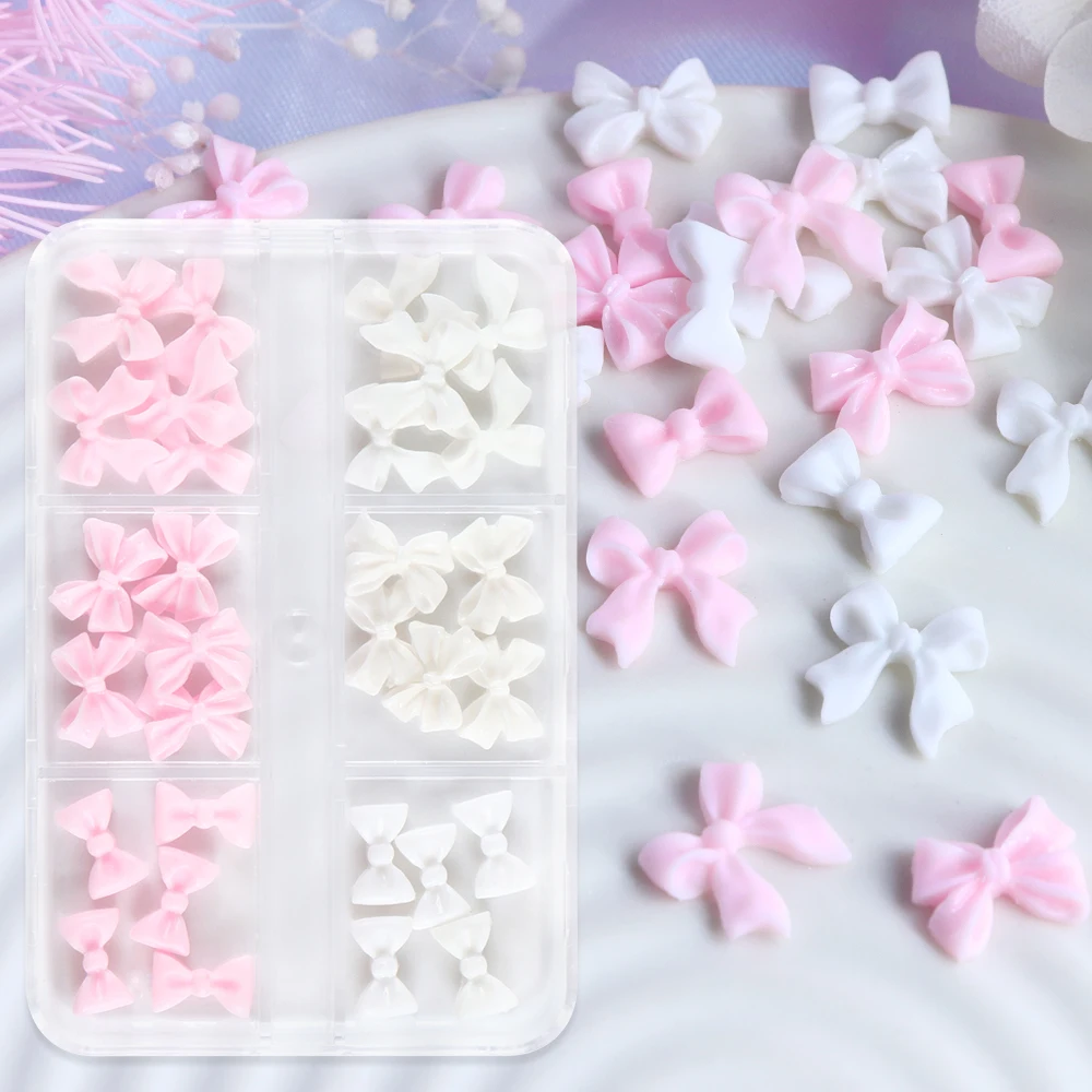 30pcs Pink White Bowknot Epoxy Resin Accessories Mixed Long Ribbon Butterfly Tie Short Bow Nail Art Charms Jewelry Crafts Making