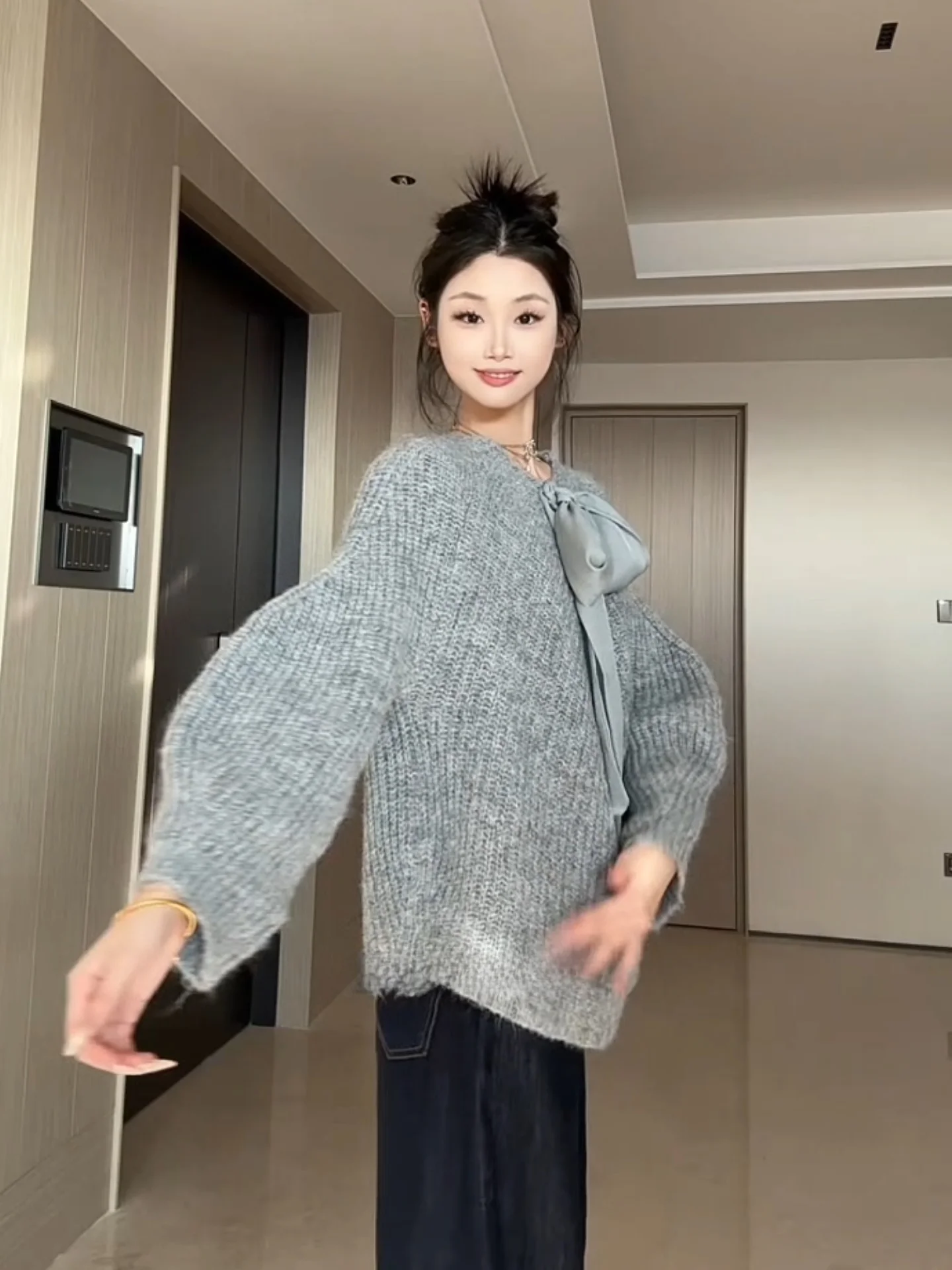 فتاة غنية Sle محبوك سترة المرأة الخريف الشتاء فضفاضة كسول أعلى عقدة التعادل ثي نسج الدفء انبعاث طويل Sve