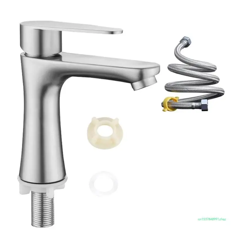 Single Cold Faucet Water Tap Stainless Steels Kitchen Sink Tap Single Lever Bathroom Faucet with Hose Easy to Install