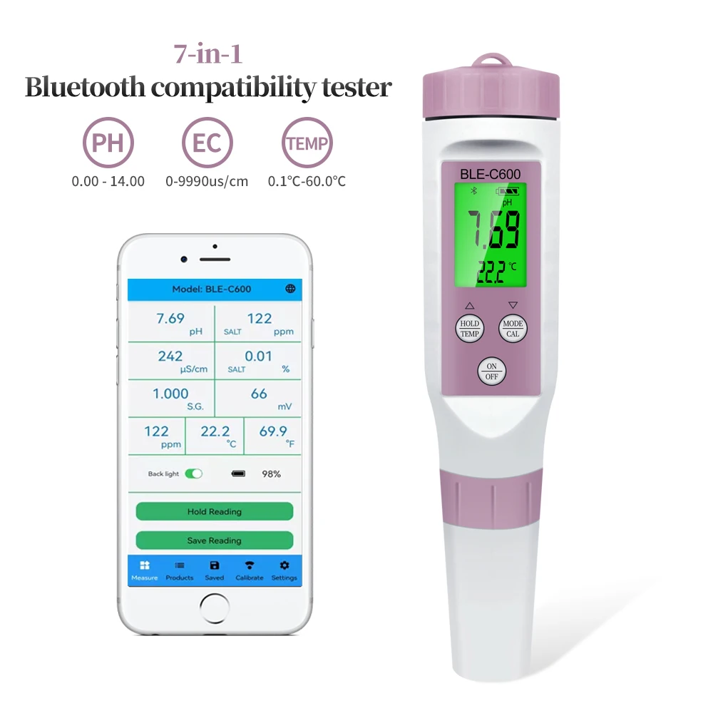 Blue-tooth Digital 7 in 1 pH Meter PH/TDS/EC/ORP/Salinity /SG/TEMP Meter Water Quality Monitor Tester Drinking Water Aquariums