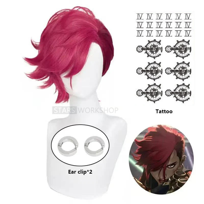 

В наличии Game LOL Arcane Vi Косплей Парик 30 см Глубокая роза Короткие термостойкие синтетические волосы Зажим для ушей Татуировка Хэллоуин Ролевые игры