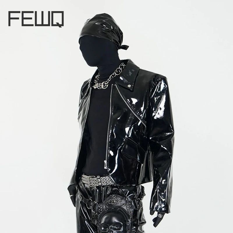 FEWQ American Visual Style Short Patent Leather Glossy Men's Jacket Casual Stage Performance Outfit 2026 Autumn New 24W3768