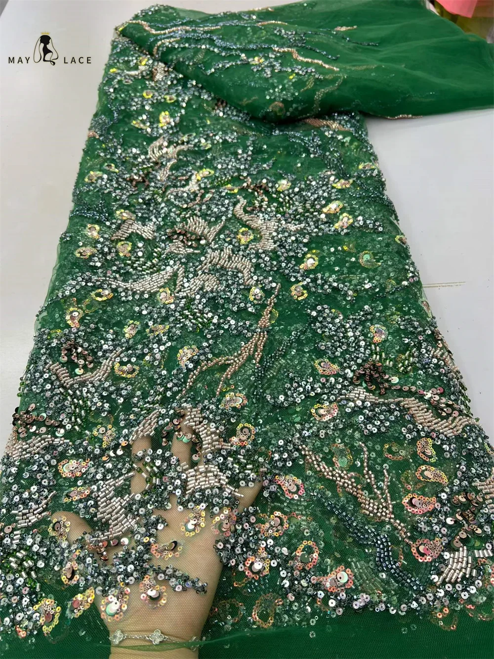 

France Luxury Green Embroidery Lace Fabric 2026 African Nigerian Sequins Beaded Lace Fabrics for Bridal Wedding Dresses Sewing