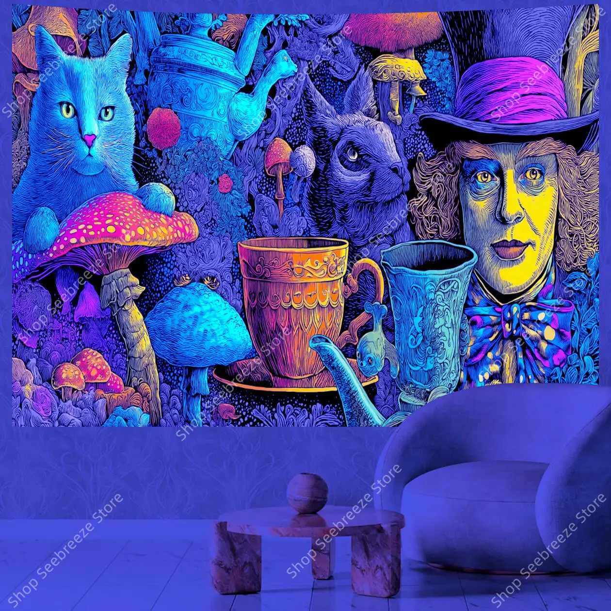 Fantasy Alice in Wonderland UV Tapestry with Colorful Characters Blue Green Cat Mad Hatter White Rabbit Mushroom Tea Party Decor