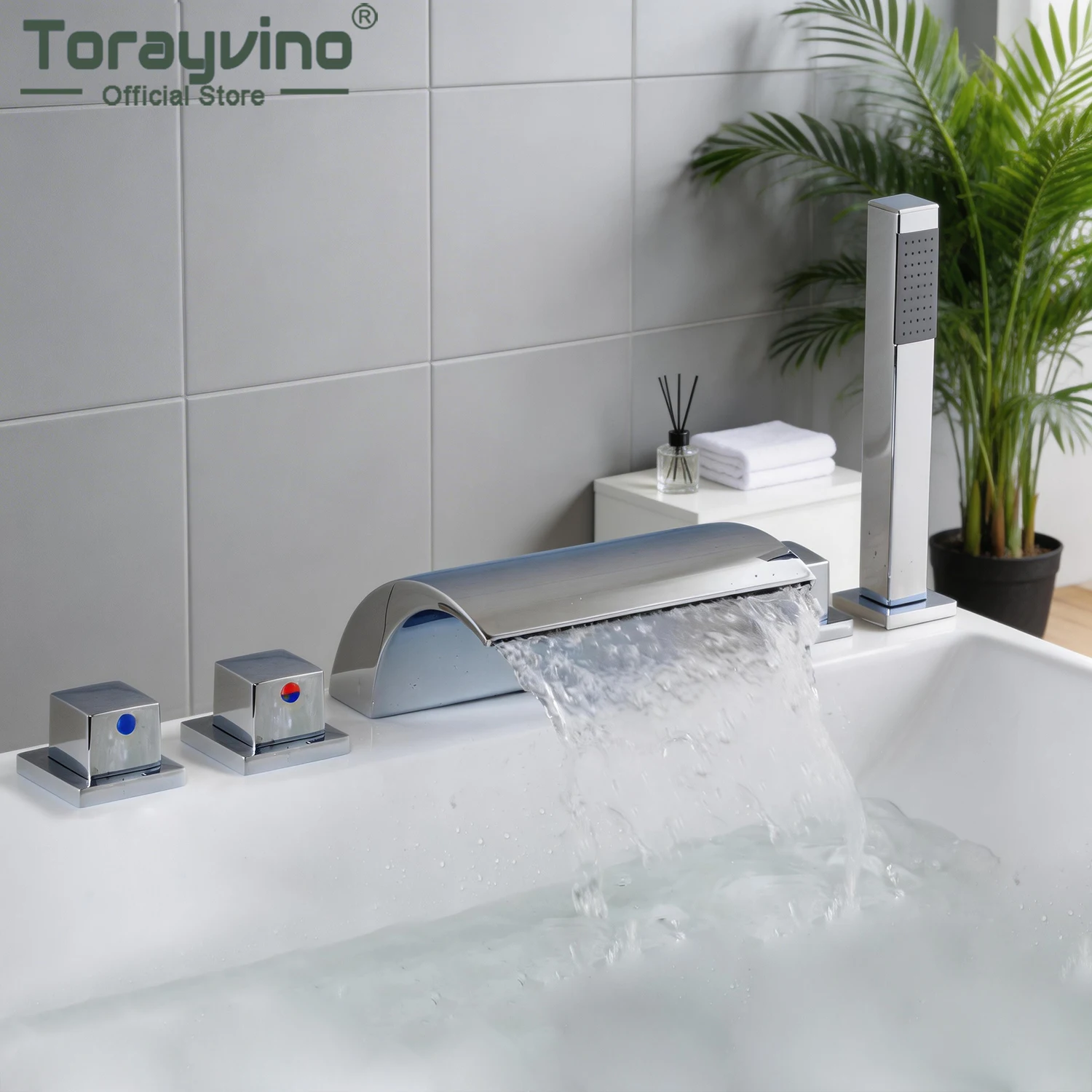 Torayvino Bathroom Faucet Deck Mounted Waterfall Spout Bathtub Shower  Sink Mixer Cold And Hot Mixing Crane Kitchen Washing Tap