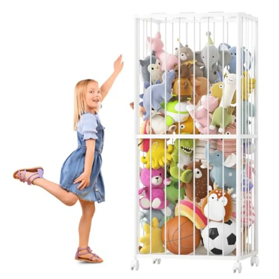 Stuffed Animal Storage Zoo Metal Toy Organizer 61x23.6x16.5in with Wheels Metal Frame, Elastic Cords, 4 Casters with 2 Locks, E