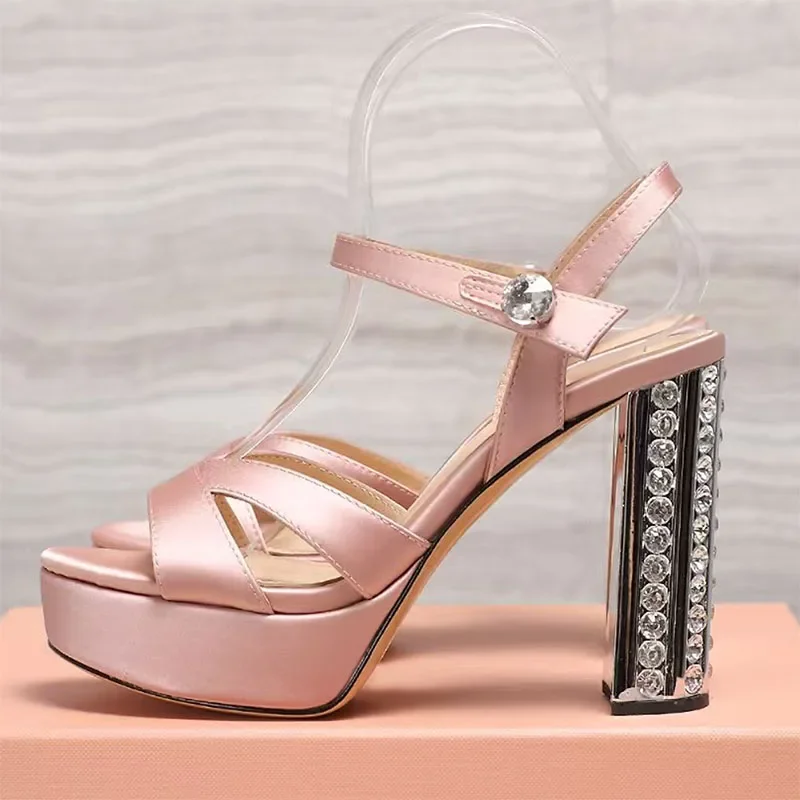 

Summer New Satin Crystal Platform Sandals Peep Toe Crystal Heel Elegant Ladies Party Shoes Sexy Wedding ShoesFor Women Mujer