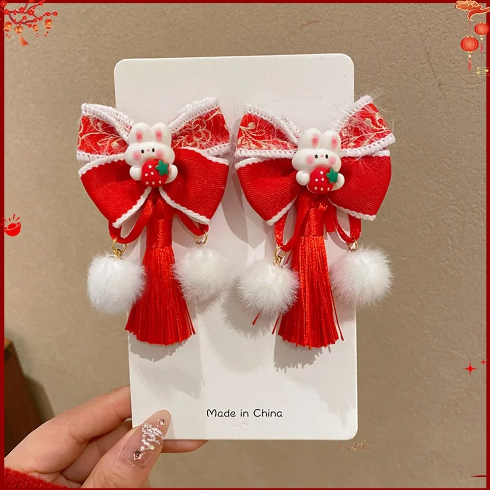 

Sweet Tassel Children Red Bow Hairpin Cat Ears Plush Hanfu Hair Sticks Ancient Style Cloth Chinese New Year Headwear Children