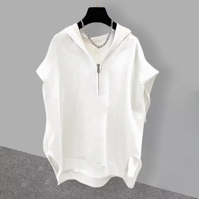 Summer Men's Zip up Sleeveless Hooded T-shirt 2024 New Korean Fashion Tank Tops Y2K Streetwear Casual Vests Hip Hop Tee Shirts image 6