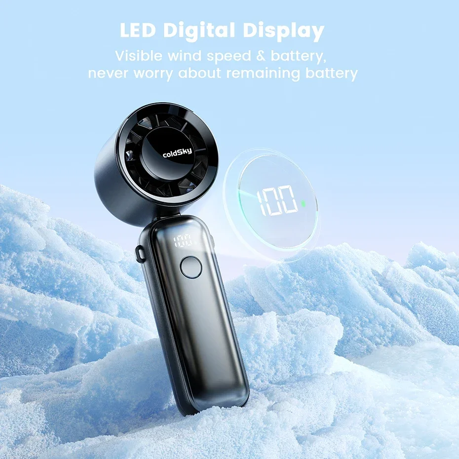 مروحة تربو محمولة باليد بقدرة 5000 مللي أمبير في الساعة قابلة لإعادة الشحن مع 6 سرعات قابلة للطي للرقبة/المكتب مع مراوح صغيرة للجيب بشاشة عرض رقمية #3