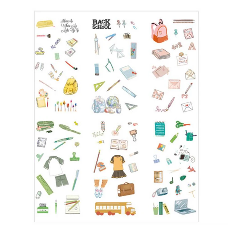 6 sheets /pack Back To School Stationery Accessory Kids Student Paper pre cut Decorative Stickers