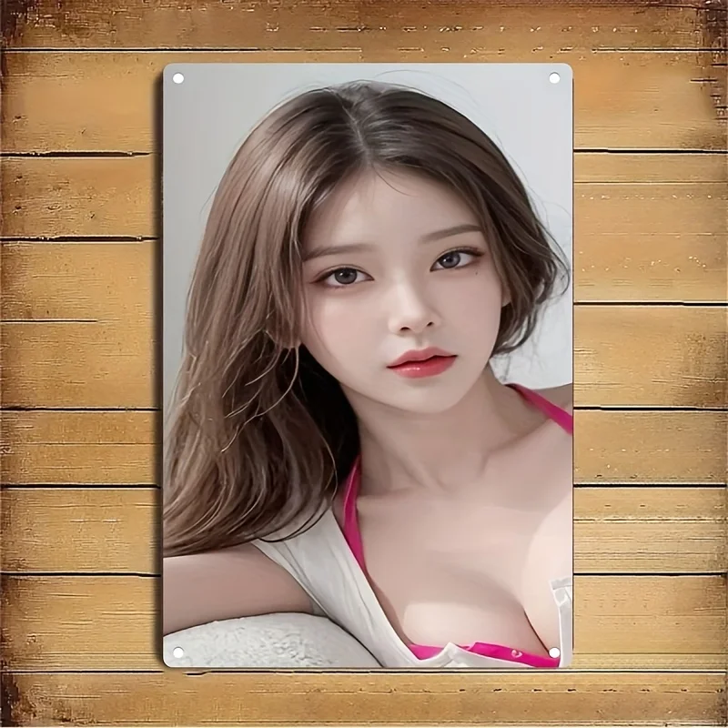

Metal Sign Plate With Korean Beauty Woman Face Art - Pink Lipstick & Voluminous Hair Portrait, Durable Iron Wall Decor For Home,