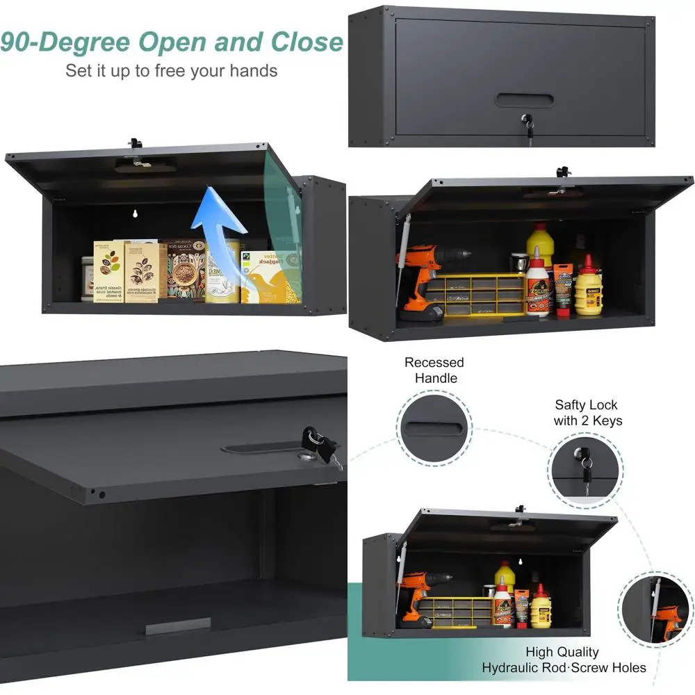 

Настенный стальной шкаф для хранения с откидными дверцами для гаража, дома и подвала — с замком и в сборе