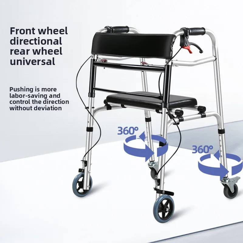 ブレーキハンドルとシート付き折りたたみ歩行器、高齢者歩行補助トロリー、四輪リハビリ歩行器