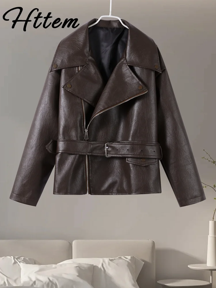 

Locomotive PU Leather Women Jacket Street Long Sleeve Zippers Pocket Female Coat 2025 Autumn Belt Chic Lady Outwear New