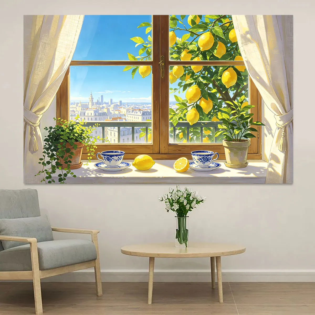 Window Lemon Coffee Wall Sticker PVC Self Adhesive Waterproof Wallpaper City View Plants Living Room Bedroom Removable