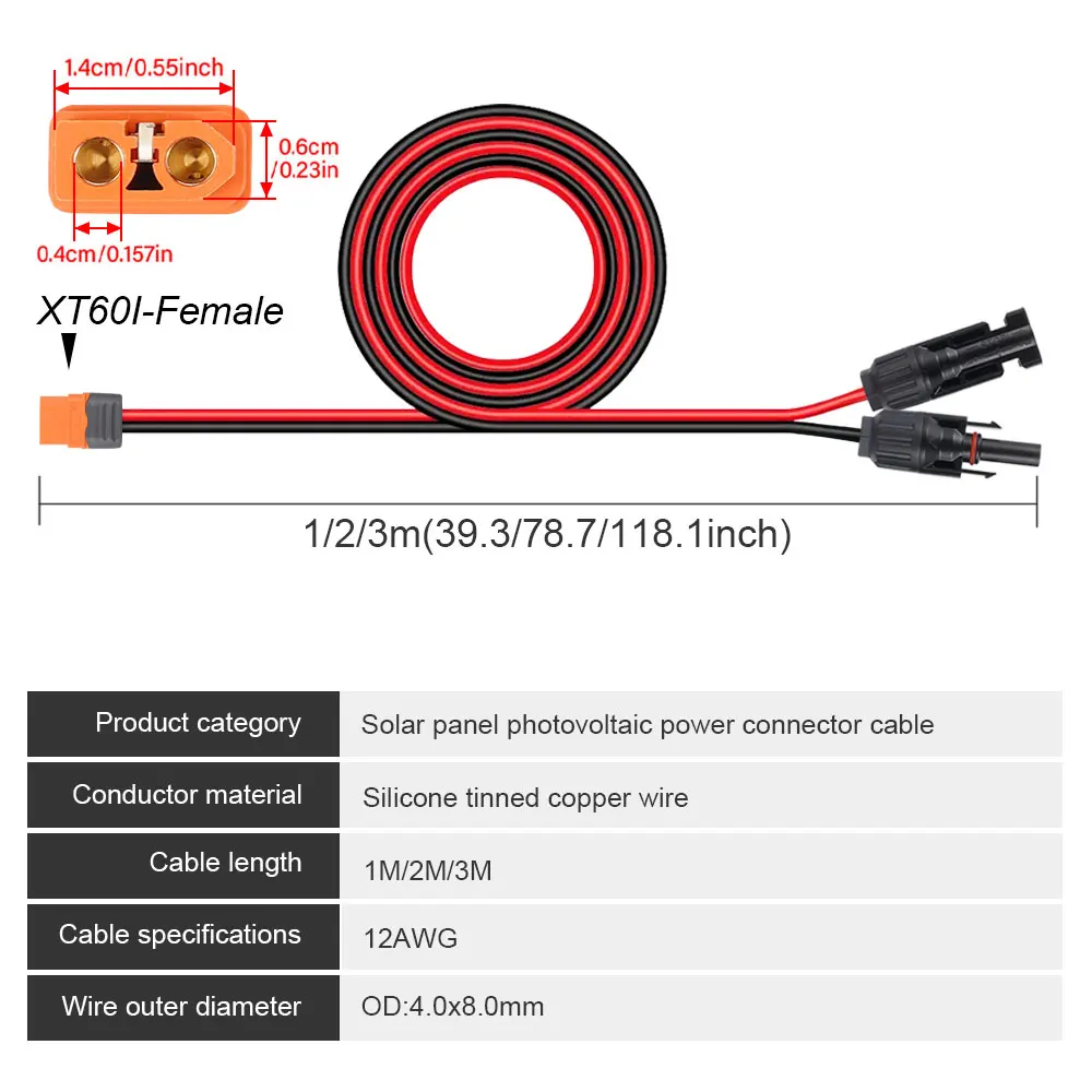 XT60I- F Adapter Solar Connector 12AWG CableConnect Solar Panel Charge Cable for Solar Generator Portable Power Station