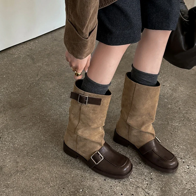Genuine Leather Vintage Sewing Round To Square Low Heels Women Mid-calf Boots Fashion Design Belt Buckle New 2027 Winter Shoes